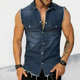 Joior Spring/Summer New Men's Denim T-shirt With Lapel, Sleeveless Cardigan, Single Breasted Top Pocket