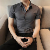 Joior High Quality Summer Ice Silk Seamless Elastic Shirt Men's Slim Fit Short Sleeve Social Business Dress Shirt Plus Size 4XL-M