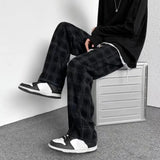 Joior Mid-Rise Elastic Waistband Men Pants Pockets Straight Wide Leg Casual Trousers Plaid Print Drawstring Loose Corduroy Pants