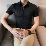 Joior High Quality Summer Ice Silk Seamless Elastic Shirt Men's Slim Fit Short Sleeve Social Business Dress Shirt Plus Size 4XL-M