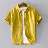 Joior Cotton Linen Short Sleeve Shirts For Men Casual Fashion Yellow Turn Down Collar Tops Male Summer Classic Basic Clothing