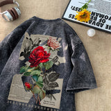 Joior Gothic Washed Tshirts Rose Printed Streetwear Men T-shirt O-neck Oversized Korean Short Sleeve Tops Harajuku Casual Male Tee