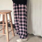 Joior Black and Pink Plaid Pants Oversize Women Pants High Waist Loose Wide Leg Trousers Ins Retro Teens Straight Trousers Streetwear