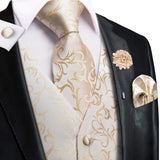 Joior High Quality Silk Mens Vests Champagne Paisley Waistcoat Neck Tie Hanky Cufflinks Brooch Set for Men Suit Wedding Office