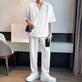 Joior Casual Simple Style New Men Sets Short Sleeved Shirts Pants Handsome Male Simple Pleated Solid Comfortable Suit 2 Pieces