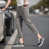 Joior Men's Straight-leg Pants Spring and Summer New Linen Plaid Retro Fashion Casual Nine Points Pants Men's Clothing Ankle Trousers