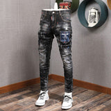 Joior Fashion Streetwear Men Jeans Retro Black Blue Elastic Slim Fit Ripped Jeans Men Spliced Designer Embroidery Hip Hop Denim Pants