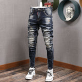 Joior Fashion Streetwear Men Jeans Retro Black Blue Elastic Slim Fit Ripped Jeans Men Spliced Designer Embroidery Hip Hop Denim Pants