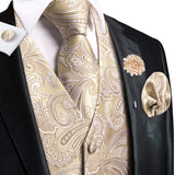 Joior High Quality Silk Mens Vests Champagne Paisley Waistcoat Neck Tie Hanky Cufflinks Brooch Set for Men Suit Wedding Office