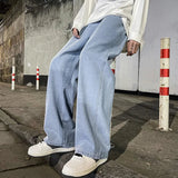 Joior Korean Fashion Men's Baggy Jeans Elastic Waist  Classic olid Color Straight-leg Denim Wide-leg Pants Male Light Blue Grey Black