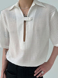 Casual Simple Style Tops New Men Textured Slightly See-through Blouse Fashion Solid Chest Slit Short Sleeve Shirts S-5XL