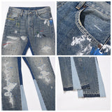 Joior Blue Speckle ink Washed Destroyed Flared Jean Pants Hip Hop Graffiti Ripped Denim Jeans Men Streetwear Vintage Wide Leg Jeans