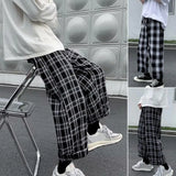 Joior Autumn Men Pants Plaid Streetwear Wide Leg Elastic Waist Loose Sports Pants Trousers Checkered Wide Leg Pants for Travel