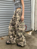 Joior Women's Camouflage Pattern Drawstring Design Thin Pants Girl Street Fashion Bottoms Female High Waist Straight Wide-leg Trousers