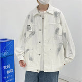 Joior Autumn Men's Graffiti Tie-dye Denim Jackets New High Street Appliques Button Coats Hip Hop Fashion Y2K Vintage Jean Jacket