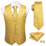 Joior 4PC Mens Extra Silk Vest Party Wedding Gold Paisley Solid Floral Waistcoat Vest Pocket Square Tie Suit Set