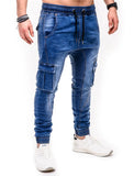 Joior High Quality Solid Pocket Jeans Mens Denim Cotton Pants Causal Vintage Cargo Pants Drawstring Stretchy Pencil Jeans Male