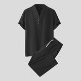 Joior Casual Well Fitting Suits  New Men's Solid Short Sleeve V-Collar Tops Trousers Simple All-match Two-piece Sets S-5XL