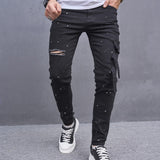 Joior Men Stylish Ripped Multiple pockets Skinny Pencil Jeans Pants Male Hip Hop Streetwear Holes Slim Denim Trousers