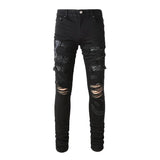 Men Snake Embroidery Jeans Skinny Tapered Stretch Denim Pants Streetwear Holes Ripped Leather Patch Patchwork Trousers Black