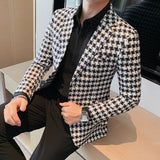 British Style Mens Houndstooth Slim Fit Blazers New Simple Slim Fit Business Dress Coats Groom Wedding Tuxedo Suit Jacket