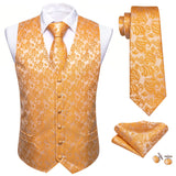 Joior 4PC Mens Extra Silk Vest Party Wedding Gold Paisley Solid Floral Waistcoat Vest Pocket Square Tie Suit Set