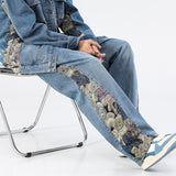 Men's Jeans Baggy Bear Printed Wide Leg Pants Men's Hip Hop Street Loose Denim Pants Elastic Waist Lace Up Casual Pants