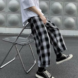 Joior Autumn Men Pants Plaid Streetwear Wide Leg Elastic Waist Loose Sports Pants Trousers Checkered Wide Leg Pants for Travel