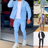 Joior Men's Casual 2PCS Overalls Set Solid Streetwear Long Sleeve Jacket Coat+Leggings Pants Sets 2 Pieces Men Clothing Sets