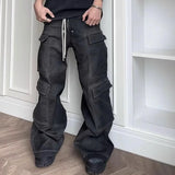 RO Style Ribbons Wide Leg Multi-Pockets Smoke Grey Baggy Jeans for Men Straight Pantalones Hombre Drawstring Denim Trousers