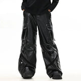 Joior Men PU Leather Pants Thick High Street Pleated Design Multiple Pockets Loose Fitting Patchwork Male Trousers