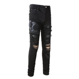 Joior Men Snake Embroidery Jeans Skinny Tapered Stretch Denim Pants Streetwear Holes Ripped Leather Patch Patchwork Trousers Black