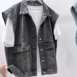 Popxstar Retro BF Style Denim Jacket Vest Waistcoat Women Sleeveless Casual Japanese Versatile Clothes Outwear Denim Cargo Tops