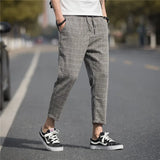 Joior Men's Straight-leg Pants Spring and Summer New Linen Plaid Retro Fashion Casual Nine Points Pants Men's Clothing Ankle Trousers