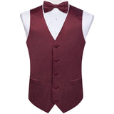 Burgundy Red Solid Silk Men Suit Vest Pre-tied Bow Tie Set Wedding Party Formal Tuxedo Male Blazer Waistcoat Business Party Vest