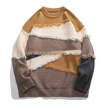 Joior men's winter outfits Hole Fringed Sweaters Retro Tasseled Knitwear Patchwork Color Knitwear Round Neck Pullover Knit Sweater Couple Long Sleeve Tops