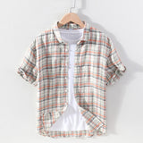 Joior 100% Pure Linen Short Sleeve Shirt for Men Summer New Turn-down Collar Tops Mens Fashion Clothing Trends Plaid Hemp Shirt