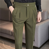 Joior British Style Autumn New High Waist Dress Pants Men Belt Design Slim Fit Suit Pants Formal Office Social Wedding Party Trousers