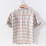 Joior 100% Pure Linen Short Sleeve Shirt for Men Summer New Turn-down Collar Tops Mens Fashion Clothing Trends Plaid Hemp Shirt