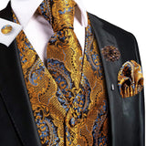 Joior High Quality Silk Mens Vests Champagne Paisley Waistcoat Neck Tie Hanky Cufflinks Brooch Set for Men Suit Wedding Office