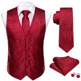 Joior 4PC Mens Extra Silk Vest Party Wedding Gold Paisley Solid Floral Waistcoat Vest Pocket Square Tie Suit Set