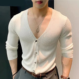 Joior 2024 Men Shirt Knitted V Neck Long Sleeve Streetwear Casual Men Clothing Korean Style Solid Color Leisure Shirts S-5XL