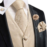 Silk Mens Vests Champagne Paisley Waistcoat Neck Tie Hanky Cufflinks Brooch Set for Men Suit Wedding Office