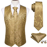 Joior 4PC Mens Extra Silk Vest Party Wedding Gold Paisley Solid Floral Waistcoat Vest Pocket Square Tie Suit Set