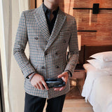 British Style Mens Slim Fit Houndstooth Blazer Men New Simple Double Breasted Business Office Wedding Dress Suit Jacket