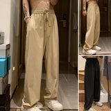 Joior Men Cargo Pants Breathable Solid Color Pocket Loose Mid-waist Match Top Straight Vintage Men Trousers Men Garment