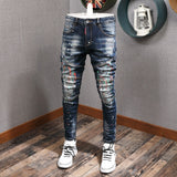 Joior Fashion Streetwear Men Jeans Retro Black Blue Elastic Slim Fit Ripped Jeans Men Spliced Designer Embroidery Hip Hop Denim Pants