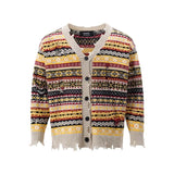 Joior Retro Rainbow Striped Cardigan Sweater Men's Autumn New Trendy Su Outwear Y2k Knitwears Oversize Raw Edges Frayed Sweatercoat