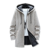 Joior Autumn Winter Men Hooded Sweater Thicken Long Sleeve Drawstring Plush Lining Mid-Length Knitting Jacket Male Coat Streetwear