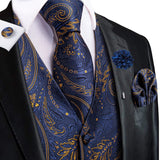 Joior High Quality Silk Mens Vests Champagne Paisley Waistcoat Neck Tie Hanky Cufflinks Brooch Set for Men Suit Wedding Office